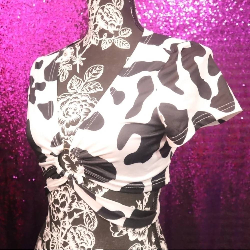 Black White Cow Print Crop Top Small SHEIN Women Ring Tie Front Short Sleeve